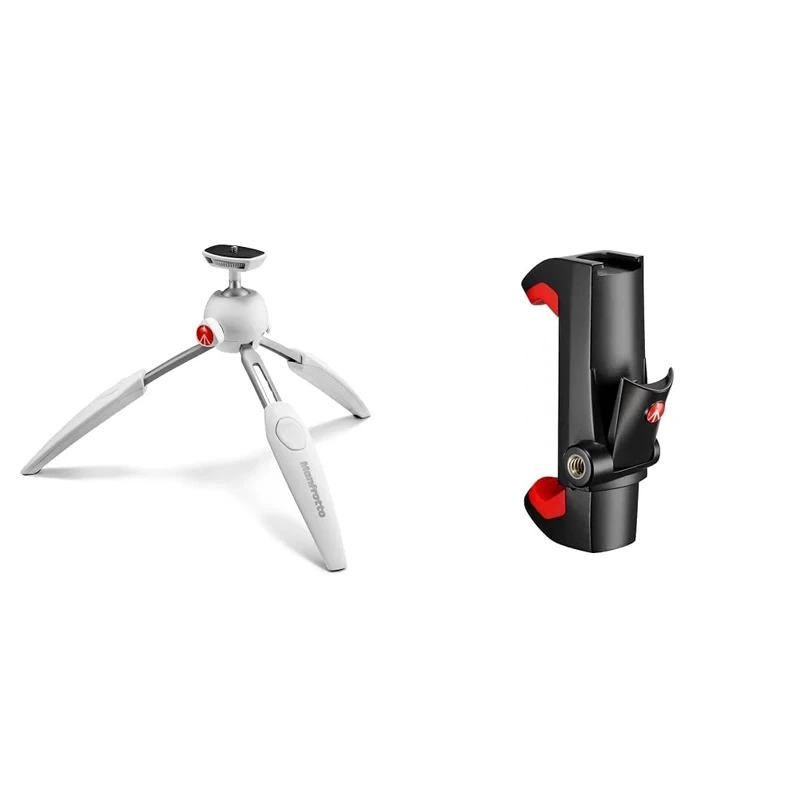 Manfrotto MTPIXIEVO-WH, PIXI EVO 2-Section Mini Tripod, Foldable, Compact Size, for Entry Level DSLRs, Compact System Cameras, Mirrorless, White & MCPIXI Universal Smartphone Clamp, Pro Version