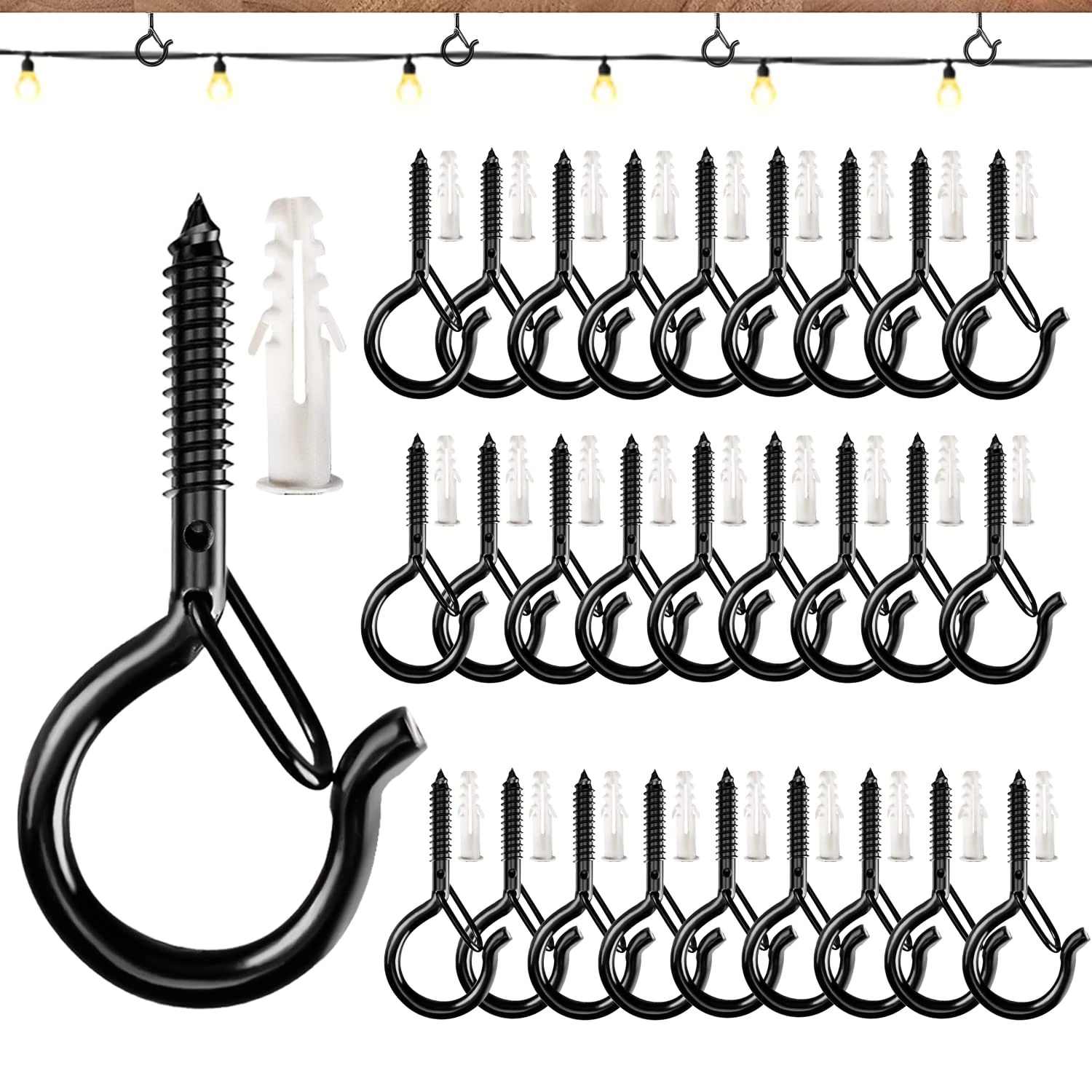 OSELEE Q-Hanger Screw Hooks Outdoor, Wall Mount Ceiling Hook, Safety Buckle Design, Used for Hanging Basket Planters, Wind Chimes, Key, String Lights, etc (30pack-Black)