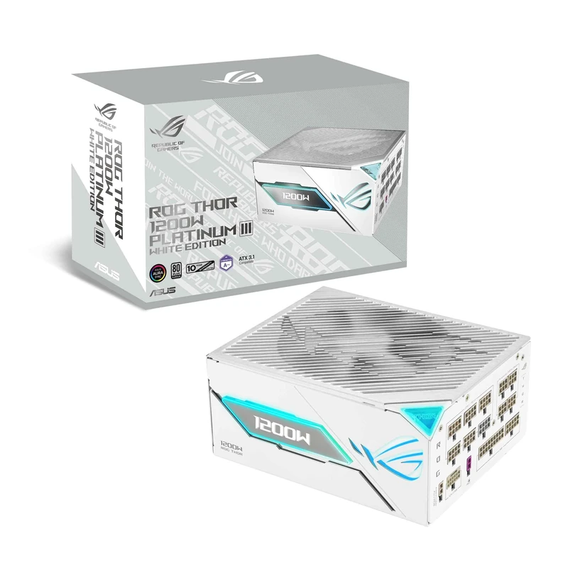 ASUS ROG Thor 1200W Platinum III White - Power Supply (80 Plus Platinum Certified, ATX 3.1, PCIE 5.1, GaN MOSFET, GPU-First IVS, Magnetic OLED Display, Turbo Mode, Guaranteed 10 Years)