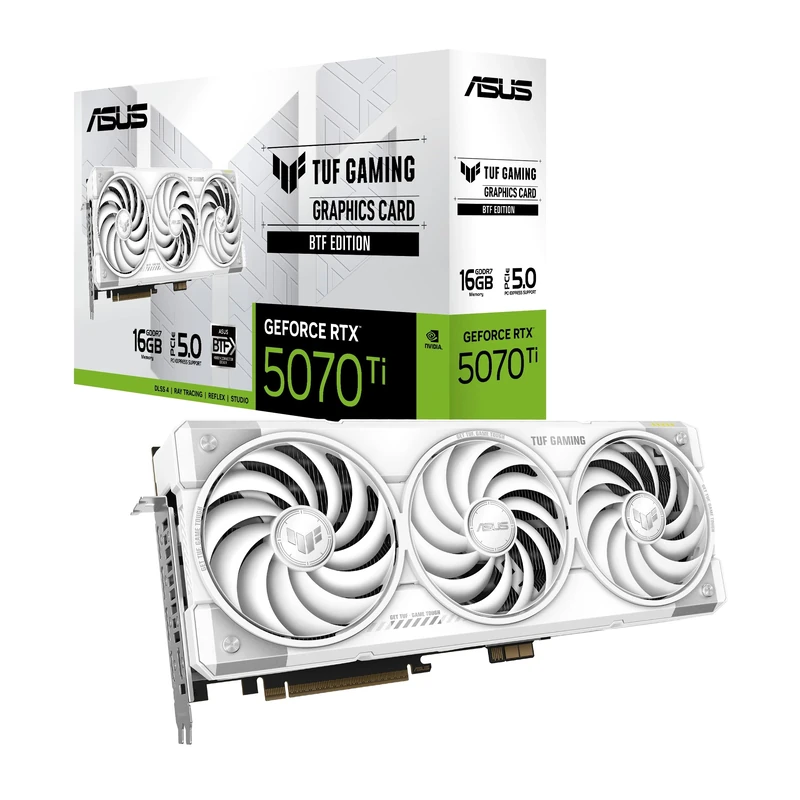 ASUS TUF Gaming GeForce RTX 5070 Ti 16GB GDDR7 BTF White Graphics Card (NVIDIA DLSS 4, 3,125 Slot, PCIe 5.0, 3X DisplayPort 2.1b, 2X HDMI 2.1b, GC-HPWR, White, TUF-RTX5070TI-16G-BTF-WHITE) - Image 1