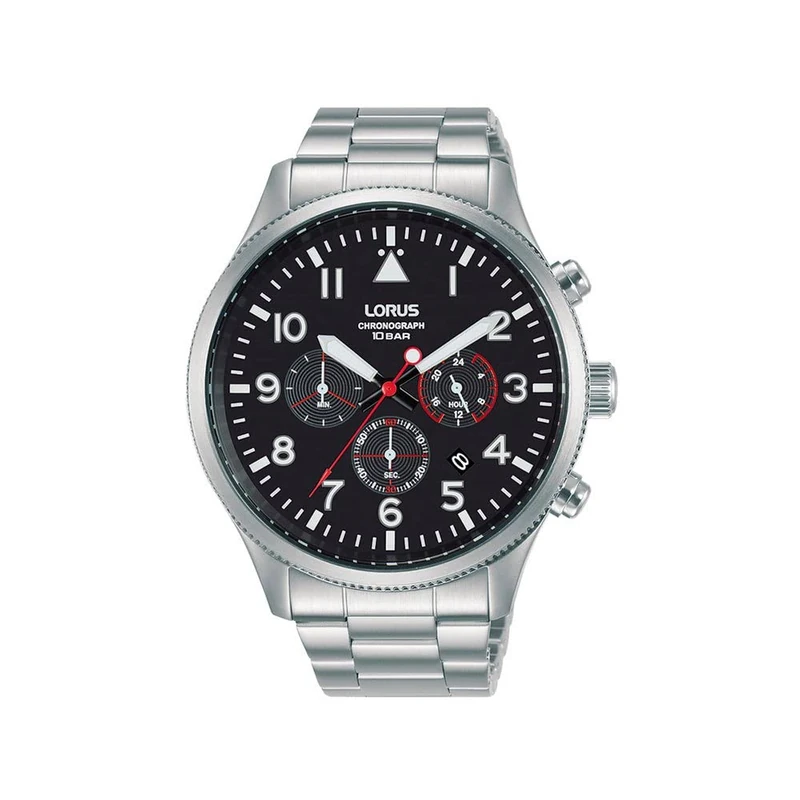 Lorus Mens Aviator Chronograph Watch with Stainless Steel Strap & Black Dial