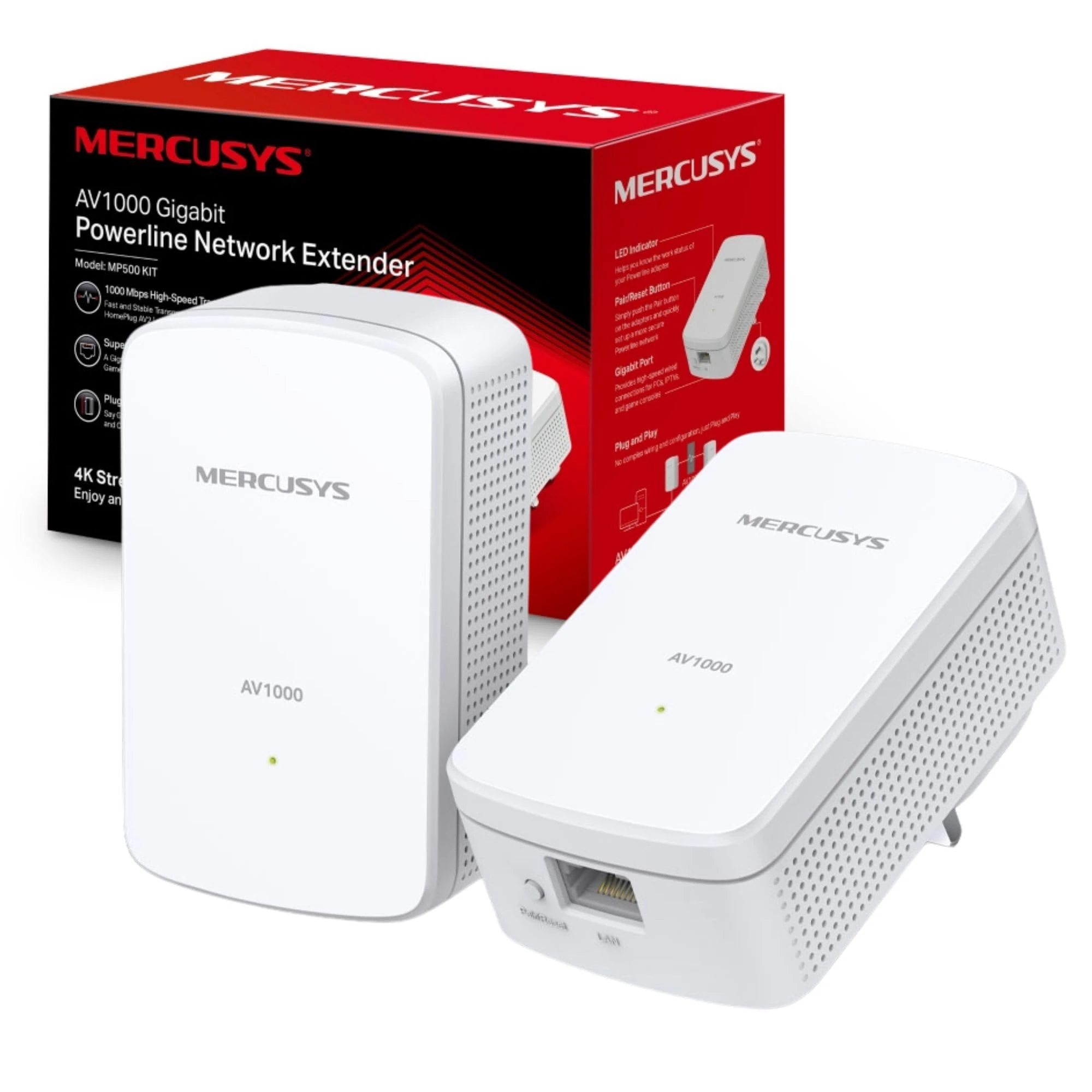 Mercusys MP500KIT AV1000 Gigabit Powerline Adapter Kit, Powerline Network Adapters Speed up to 1000 Mbps, 300 Meters Range, Easy Expansion, No Configuration Required, Package May Vary