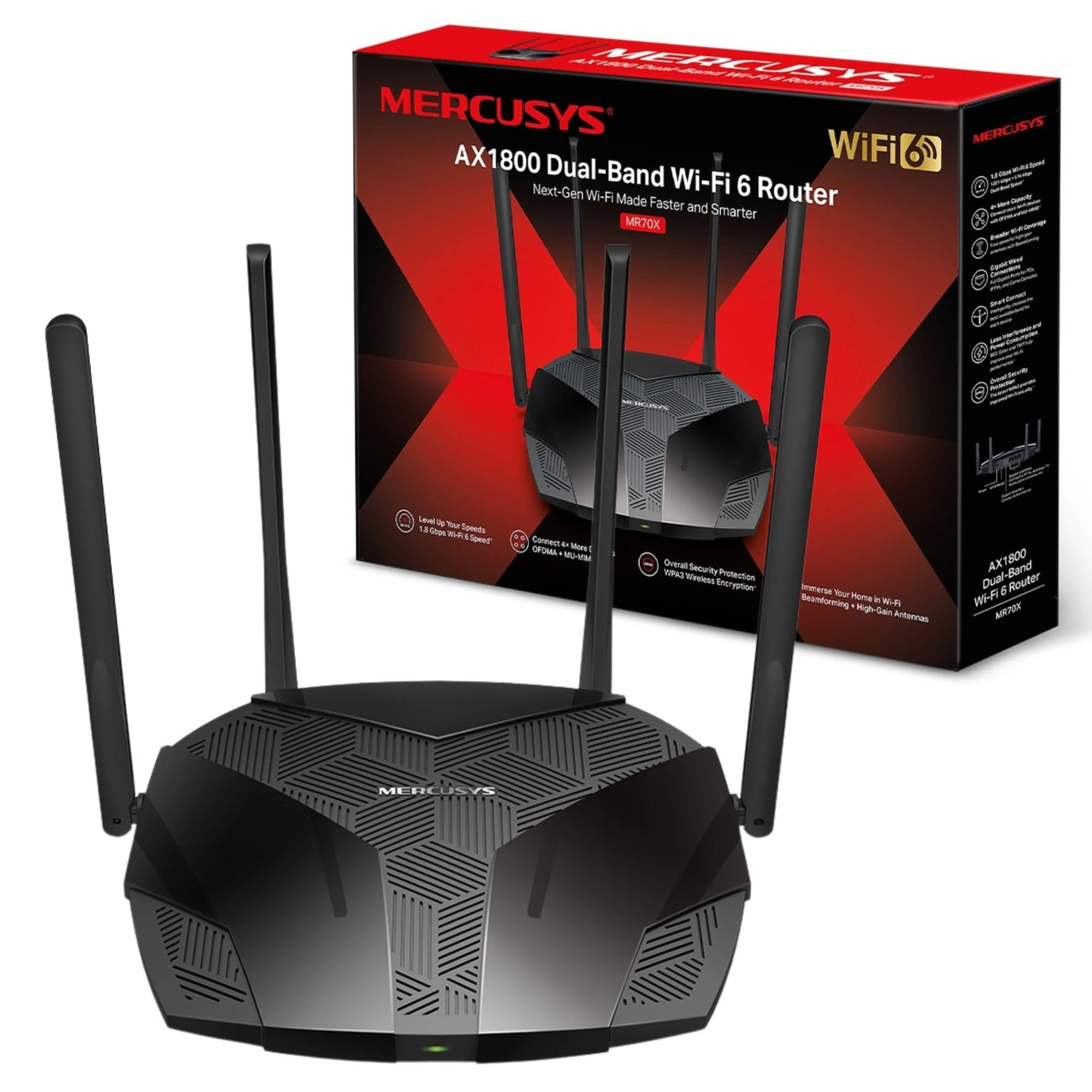 Mercusys AX1800 Dual-Band Wi-Fi 6 Router, WiFi Speed up to 1201Mbps/5GHz+574Mbps/2.4GHz, 3 Gigabit LAN Ports, Ideal for Gaming Xbox/PS4/Steam & 4K (MR70X), Black