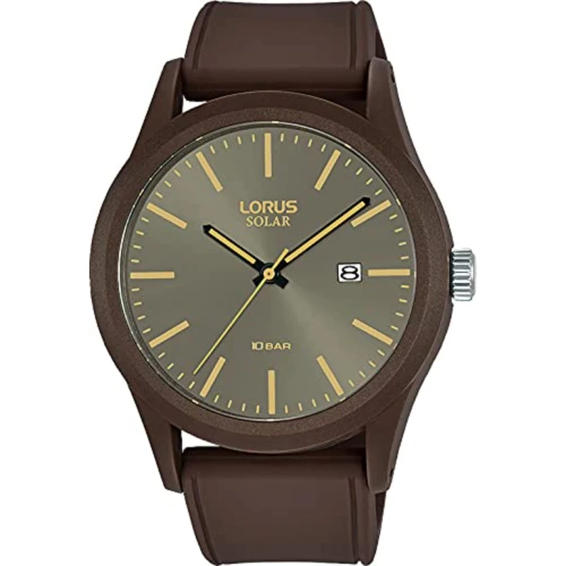 Lorus Mens Sports Solar Watch with Brown Silicone Strap & Brown and Gold Face