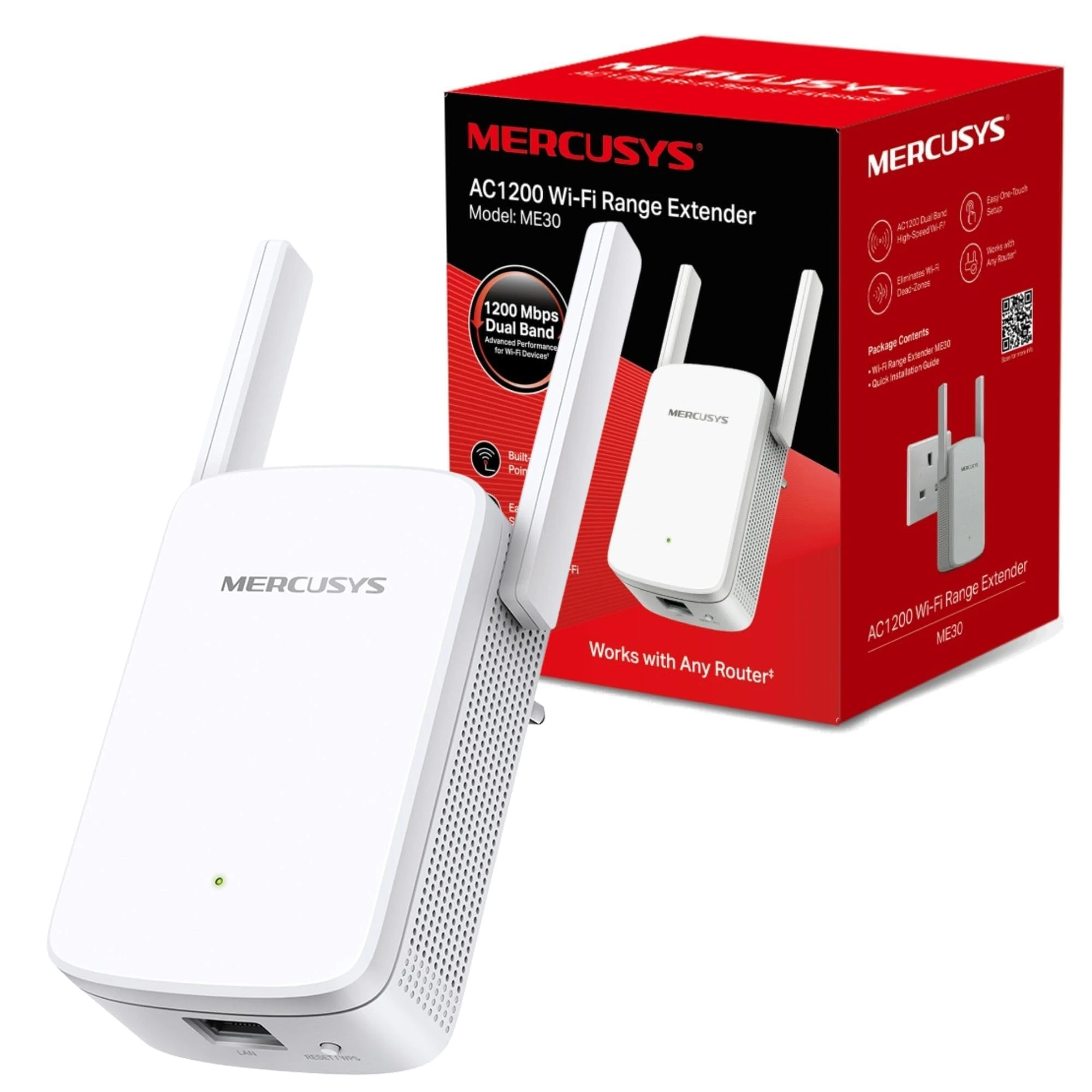 MERCUSYS ME30 AC1200Mbps WiFi Extender Booster, Internet Booster, Ethernet Port, EasyMesh, Access Point,WiFi Repeater,TP-Link App,UK Plug