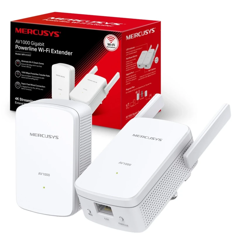MERCUSYS AV1000 MP510 KIT Gigabit Powerline Adapter Starter Kit, WiFi Extener Speed up to 1000 Mbps, Eliminate WiFi Dead Zones, Add More Powerline Anytime, 4K Streaming, No Configuration Required