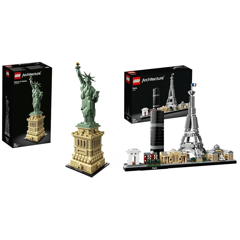 LEGO 21042 Architecture Statue of Liberty Model Building Set & 21044 Architecture Paris Model Building Set with Eiffel Tower and The Louvre Model, Skyline Collection, Office Home Décor