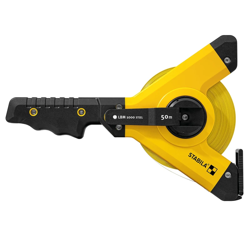 Stabila Frame Tape Measure LBM 1000 STEEL, 50 m, Steel Measuring Tape with Metric Scale and Nylon Wrap Coating, Universal Hook, Shatterproof Frame, MID Accuracy, LBM 1000, 50 m, Black/Yellow