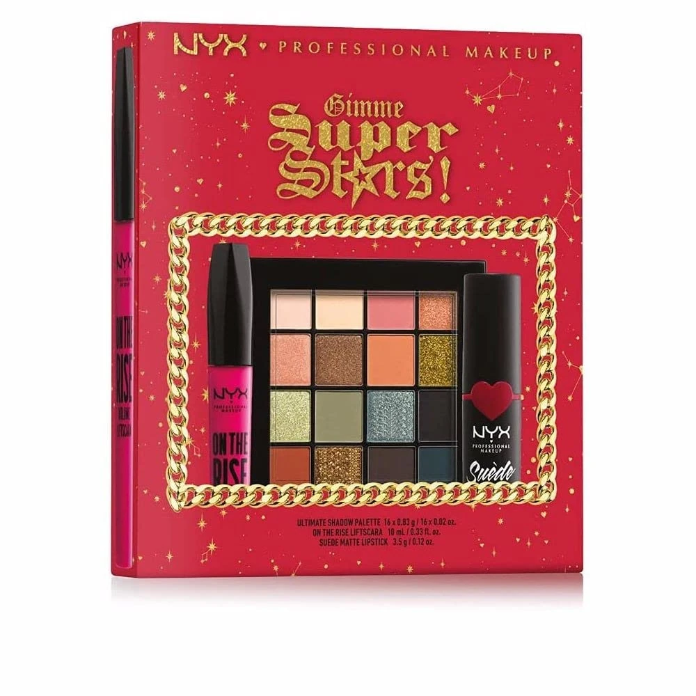NYX Professional Makeup Gimme Super Stars! Glam Side Of The Moon Trio Eye & Lip Gift Set, Ultimate Shadow Palette, On the Rise Liftscara, Suede Matte Lipstick