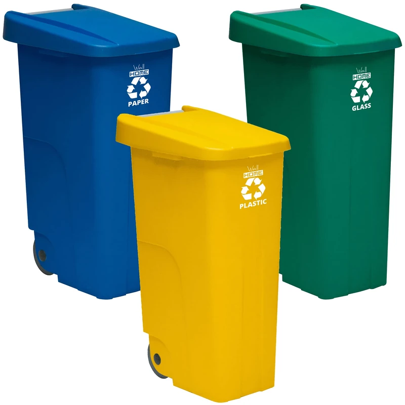 WELLHOME Recycling 110 Closed with 330 litres Total in 3 Containers, Blue/Green/Yellow, 110 L c/u