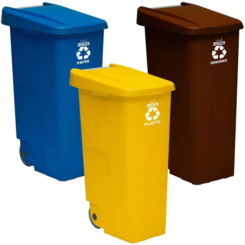 WELLHOME Recycling 110 Closed with 330 litres Total in 3 Containers, Blue/Yellow/Brown, Azul/Amarillo/Marrón, 110 L c/u