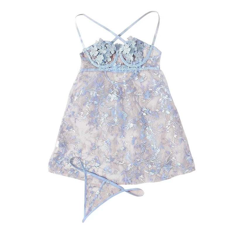 QQQQC Women's Baby Dolls Women Embroidered Sexy Lingerie Perspective Nightgown Set-Azul_M