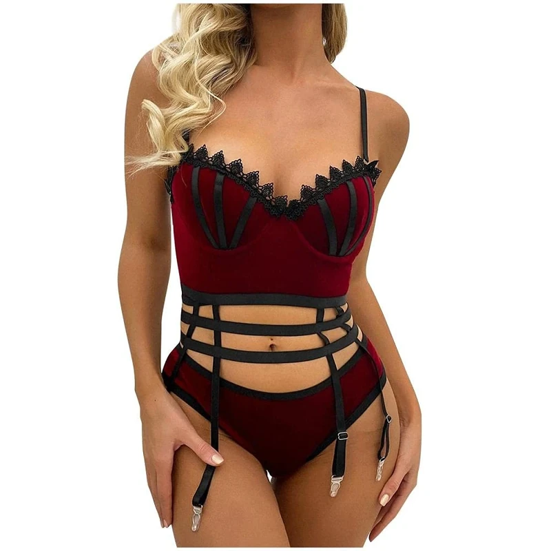 Women's Erotic Baby Dolls Women Embroidered Velvet Sexy Lingerie Garter Belt for Sleepwear 3pcs-Wine_L