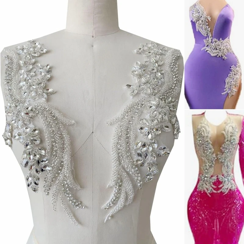 Handsewing Rhinestones Beads lace Applique Wing Shape Decoration Accessories Trim Patches one Pair (White) - Image 1