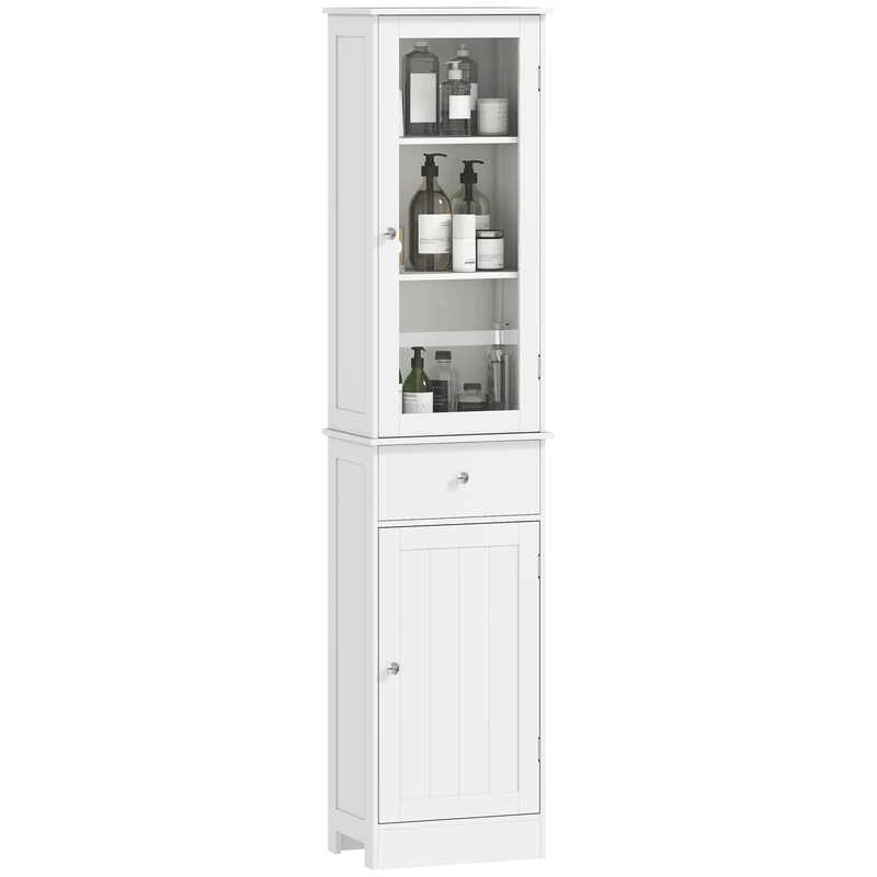 kleankin Bathroom Storage Cabinet with 3-tier Shelf Drawer Door, Floor Cabinet Free Standing Tall Slim Side Organizer Shelves, White