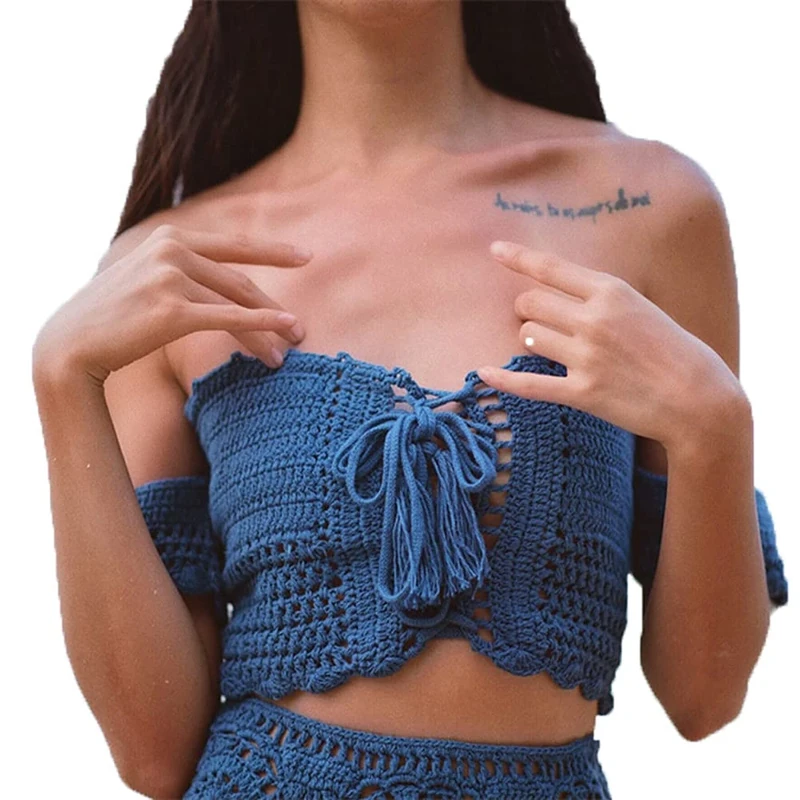 Womens Off Shoulder Beach Bikini Ruffle Sleeve Bandeau Knit Crochet Top Lace-up Blue