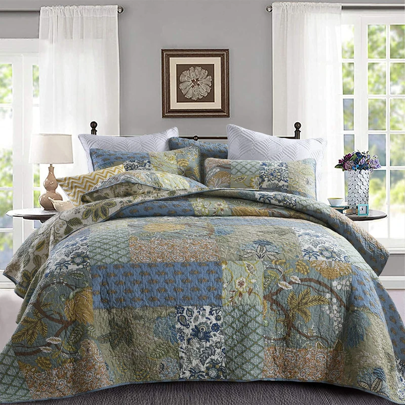 Yvooxny Bedspread Quilt Set with Real Stitched Embroidery, Luxurious Bohemian Patchwork Floral Pattern, Queen Size