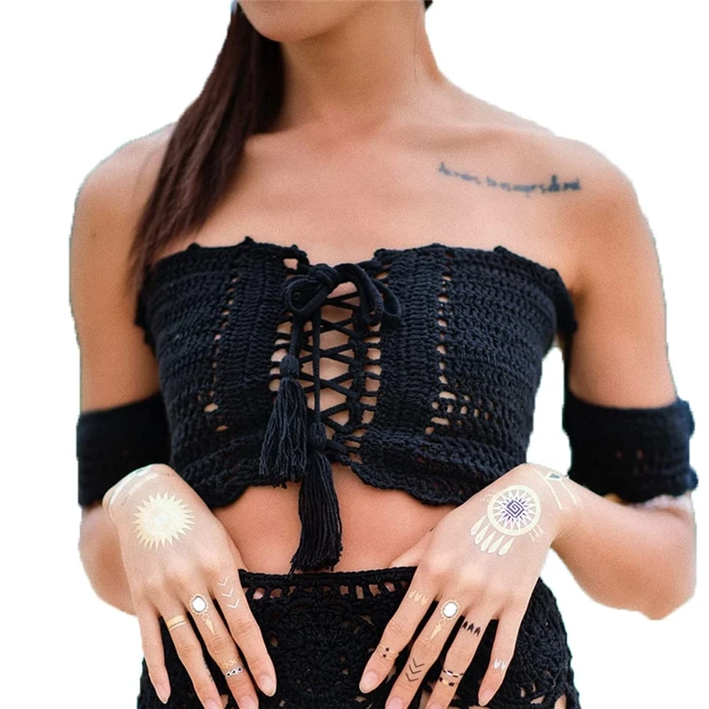 Womens Off Shoulder Beach Bikini Ruffle Sleeve Bandeau Knit Crochet Top Lace-up Black