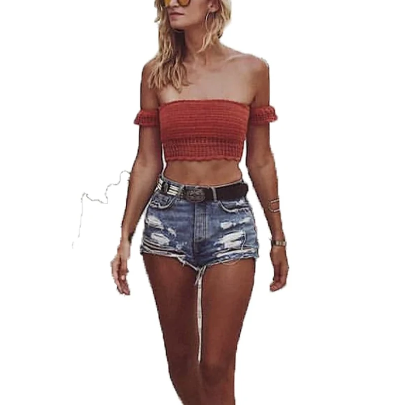 Womens Off Shoulder Beach Bikini Ruffle Sleeve Bandeau Knit Crochet Top Lace-up - Image 1