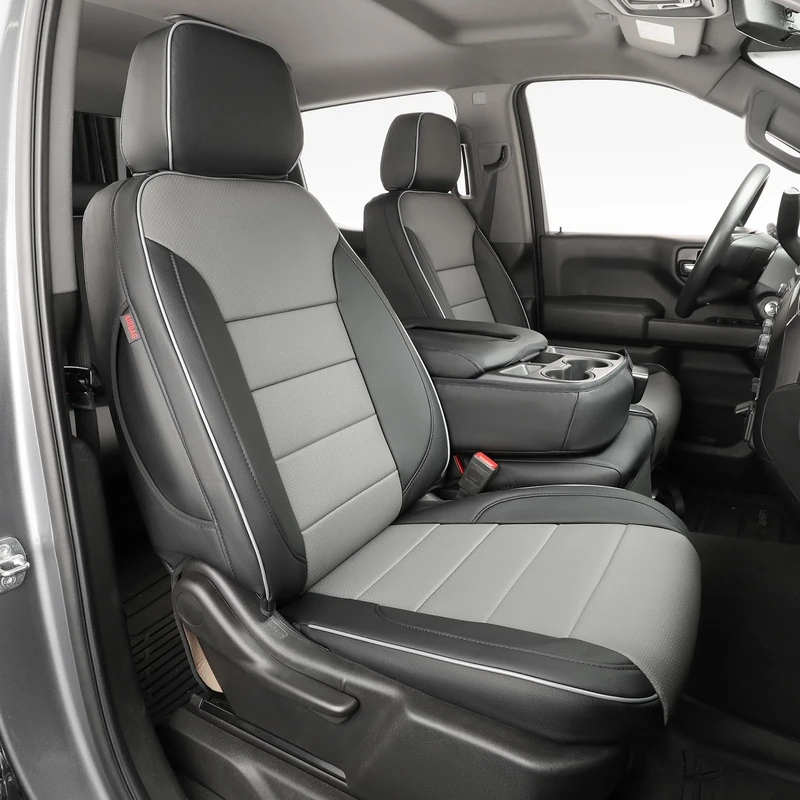 EKR Custom Fit Silverado Car Seat Covers for 2019-2025 Sierra 1500/Chevy Silverado 1500 & 2020-2025 HD Crew/Double Cab,Rear Row W/No Armrest - Full Set, Leather (Black/Gray)