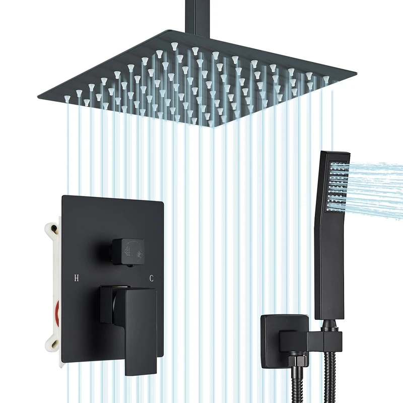 Shower Faucet Set Matte Balck Rain Shower System with High Pressure 8 Inches Rain Shower Head and Handheld Spray Bathroom Luxury Rain Mixer Shower Faucet Set Complete Combo Set Ceiling Mounted