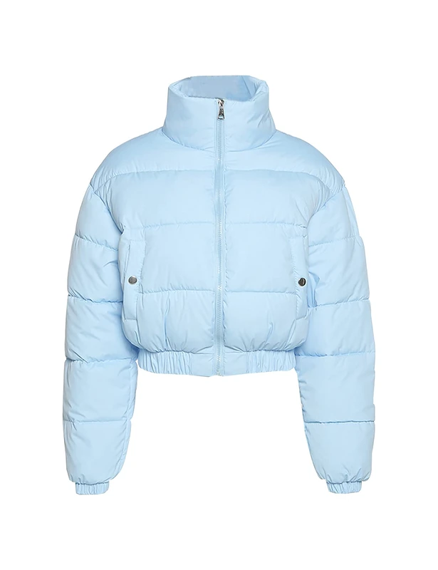 Gihuo Women' s Cropped Quilted Puffer Jacket Outerwear Coats, Blue, M