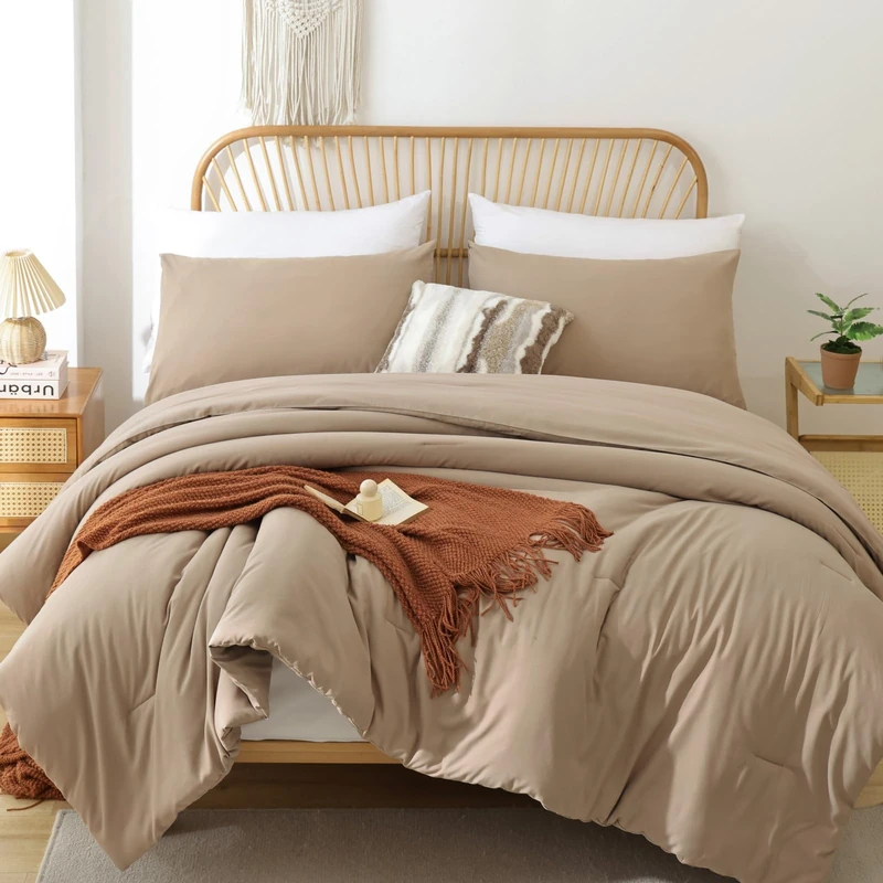 ROSGONIA Taupe Comforter Set Queen- 3pcs (1 Comforter & 2 Pillowcases) Farmhouse Queen Comforter Set for Women and Girls- Reversible Soft Warm Microfiber Comforter for All Season
