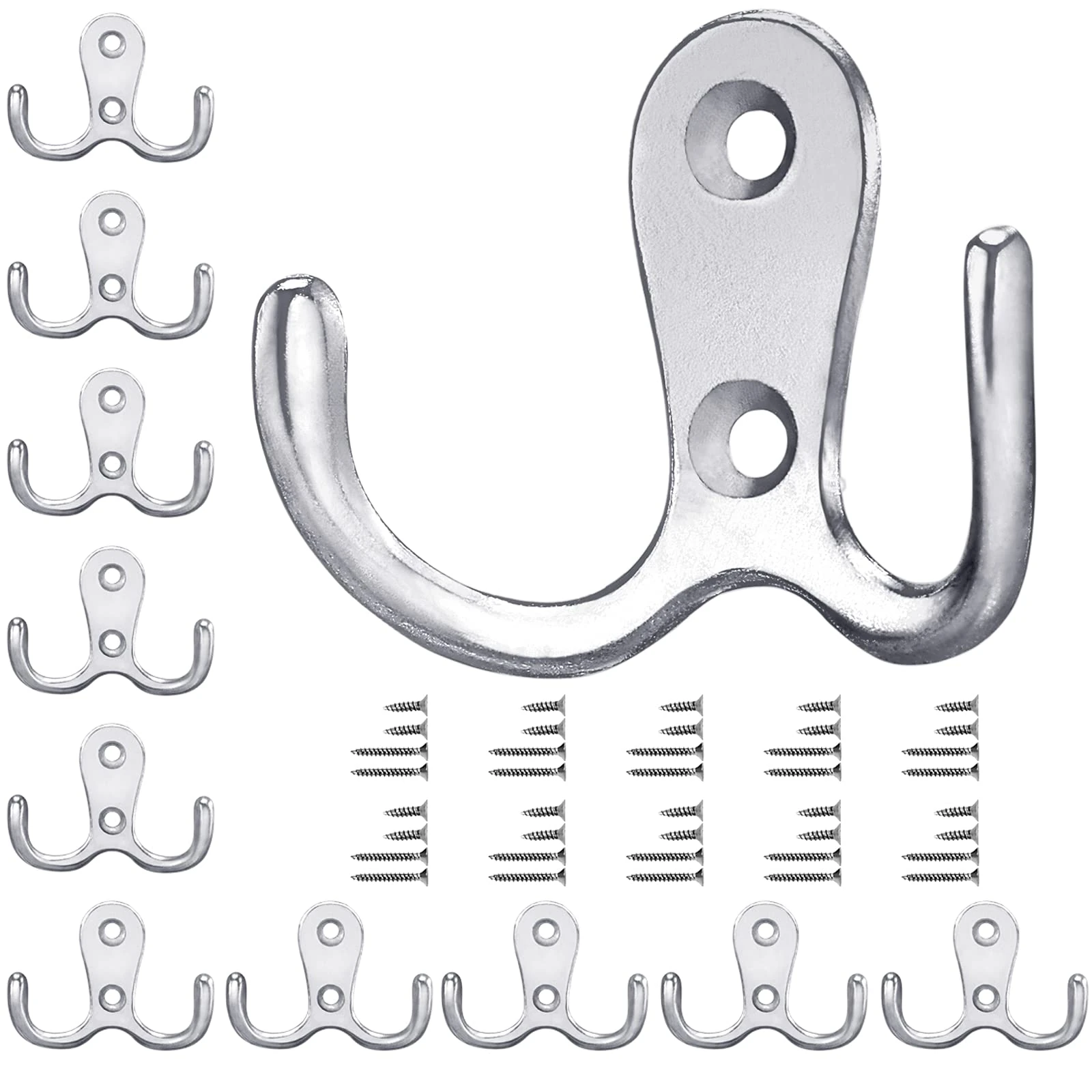 Gorffy Door Hooks 10PCS, Retro Silver Double Heavy Duty Metal Coat Hook with 40 Screws for Hanging, Robe, Towel, Coat, Bag & Hat (Silver, 10PCS)