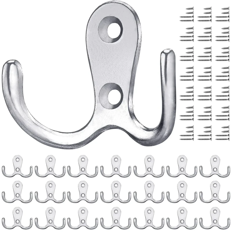 Gorffy Door Hooks 20PCS, Retro Silver Double Heavy Duty Metal Coat Hook with 80 Screws for Hanging, Robe, Towel, Coat, Bag & Hat (Silver, 20PCS)