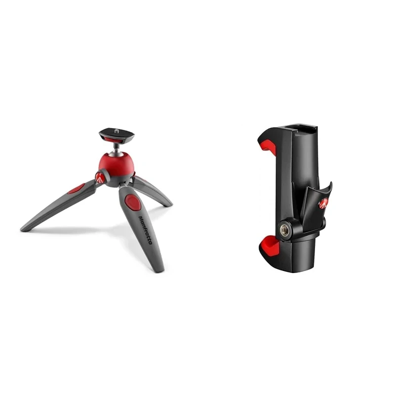 Manfrotto MTPIXIEVO-RD, PIXI EVO 2-Section Mini Tripod, Compatible with DSLR, Compact System Camera, Mirrorless,Lightweight, Red & MCPIXI Universal Smartphone Clamp, Pro Version