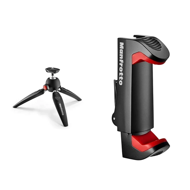 Manfrotto MTPIXIEVO-BK, PIXI EVO 2-Section Mini Tripod for Mirrorless cameras, Compact System Cameras, DSLR, Video, Compact Size, Aluminium & MCPIXI Universal Smartphone Clamp, Pro Version