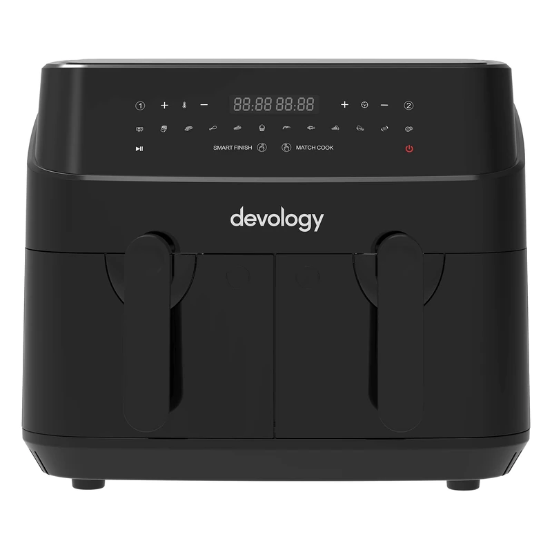 Devology Double Air Fryer, 9L, 2x4.5L Dual Zone, Air Fryer, 50 Recipe Cookbook, 12 Cooking Programs, Digital LED Display, Two Zone Airfryer,Healthy Oil-free Fryer, Non Stick, Dishwasher Safe Appliance