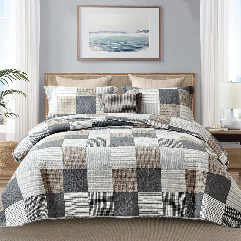 Finlonte Quilt King Size - 100% Cotton Plaid King Size Comforter Set Farmhouse Quilt Bedding Set, Reversible Lightweight Bedspread, Grey Brown White Quilted Coverlet All-Season, 3-Piece