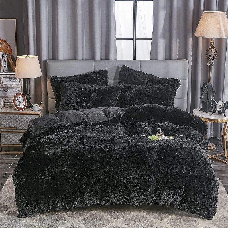 WERDIM Shaggy Fluffy Faux Fur Duvet Cover Set Button Closure Velvety Bedding Set Comforter Cover with Pillowcases Black, Twin Size