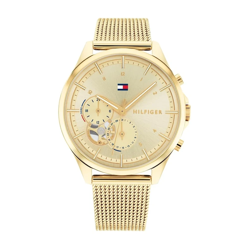 Tommy Hilfiger Analogue Multifunction Quartz Watch for Women with Gold Colored Stainless Steel Mesh Bracelet - 1782417