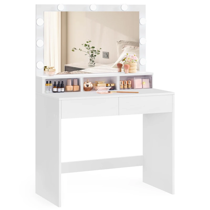 VASAGLE Dressing Table Vanity Table with 9 LED Bulbs and Mirror Adjustable Brightness 2 Drawers and 3 Open Compartments Drawers Modern White RDT120T10 - Image 1