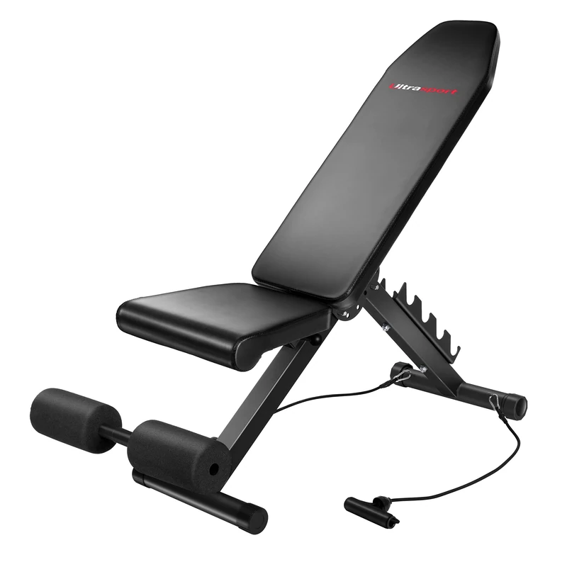 Ultrasport Weight Bench with Rack, Adjustable in Five Heights, for Bench Press, Sit-Ups, Crunches Etc with Handles for Dips, Can Be Used as Incline Bench, Comfortable Seat with Imitation Leather