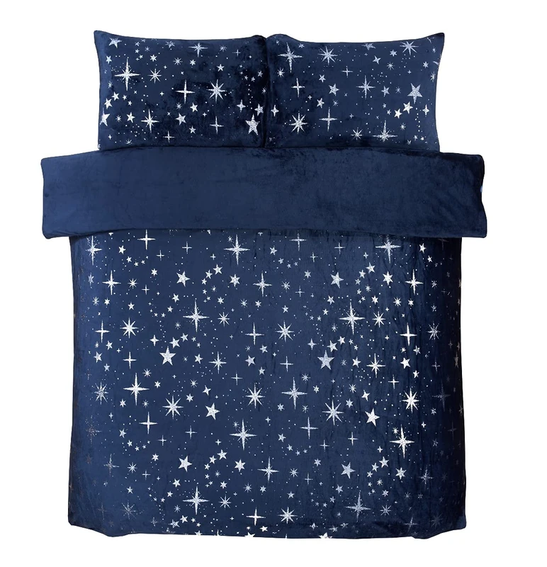Sleepdown Scattered Stars Luxury Foil Fleece Plain Reverse Warm Soft Cosy Duvet Cover Quilt Bedding Set with Pillowcases - Navy Blue, Double (200 cm x 200 cm)