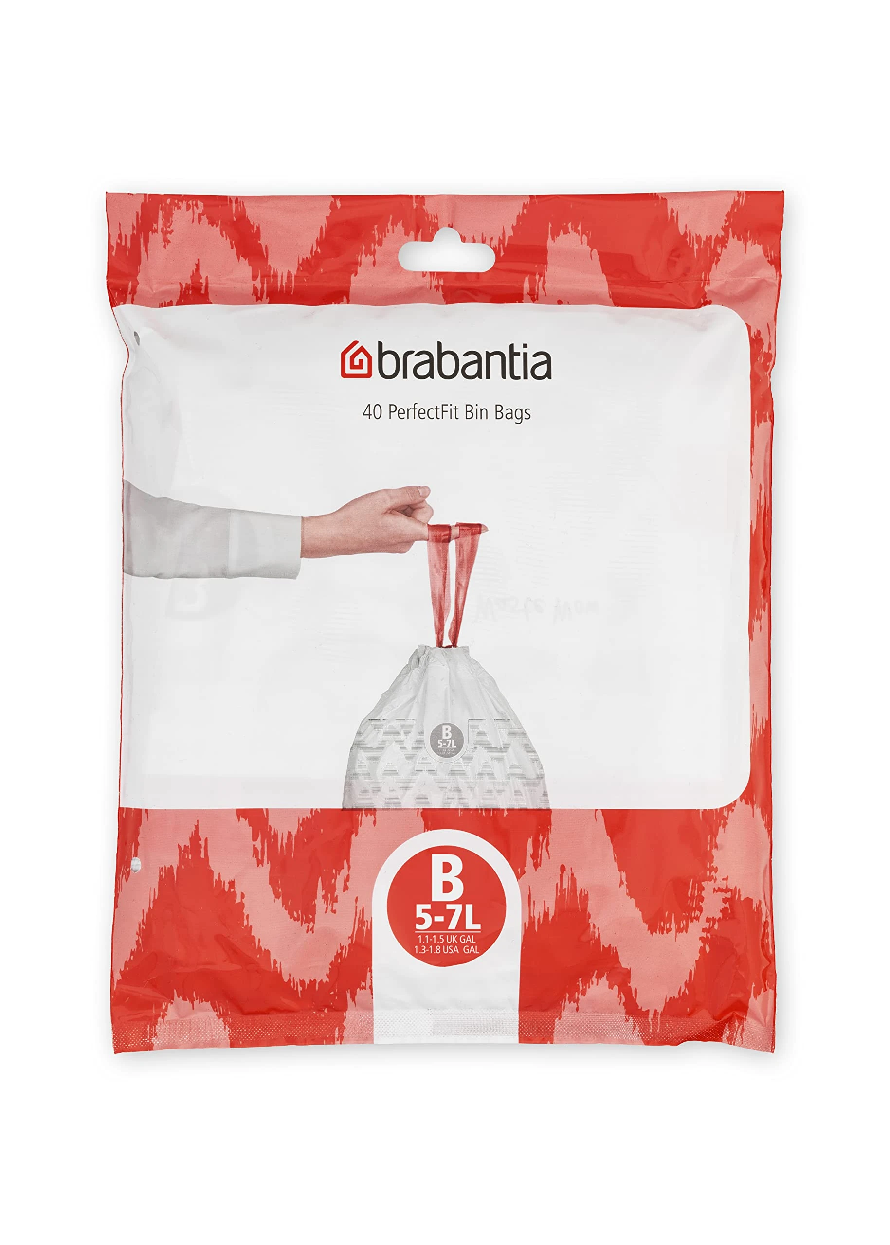 Brabantia PerfectFit Bin Liners (Size B/5 Litre) Thick Plastic Trash Bags with Tie Tape Drawstring Handles (40 Bags),White,137747