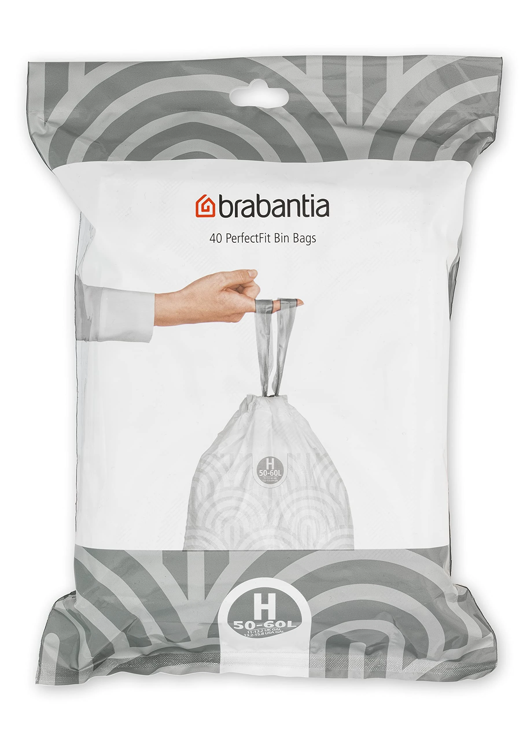 Brabantia PerfectFit Bin Liners (Size H/50-60 Litre) Thick Plastic Trash Bags with Tie Tape Drawstring Handles (40 Bags)