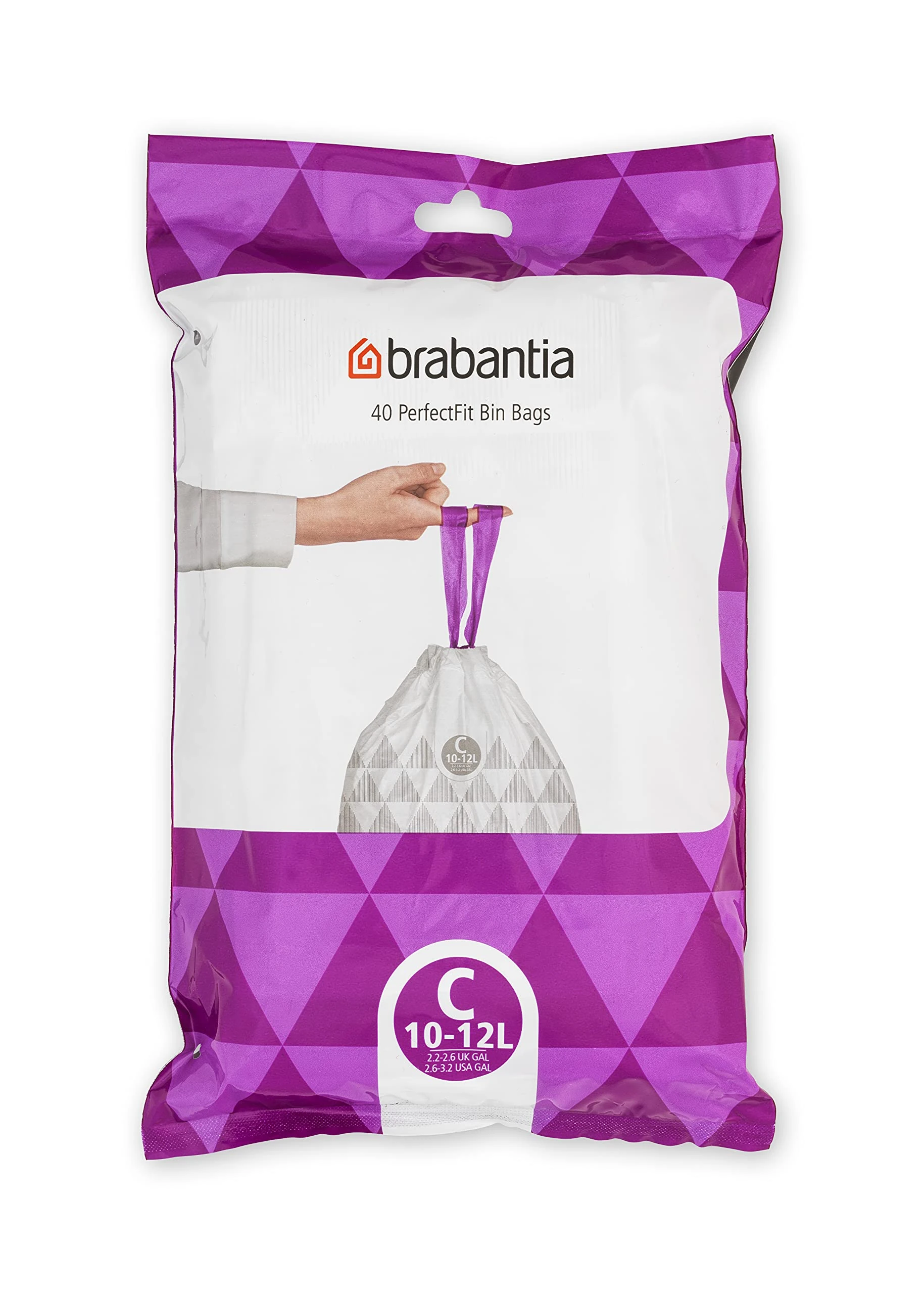 Brabantia PerfectFit Bin Liners (Size C/10-12 Litre) Thick Plastic Trash Bags with Tie Tape Drawstring Handles (40 Bags)