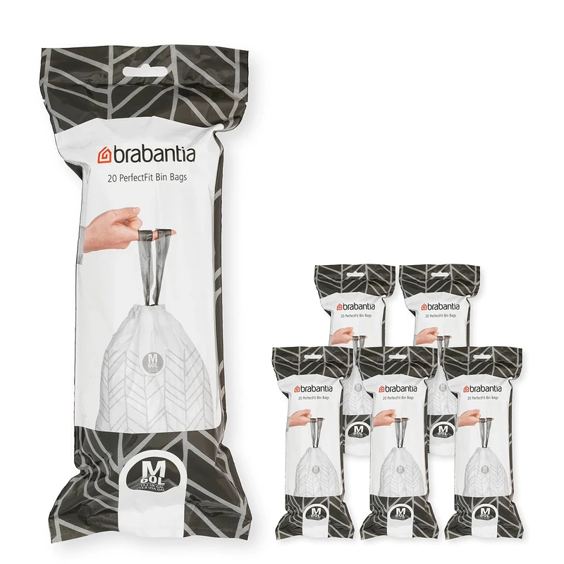 Brabantia PerfectFit Bin Liners Multipack (Size M/60 Litre) Thick Plastic Trash Bags with Tie Tape Drawstring Handles (120 Bags)