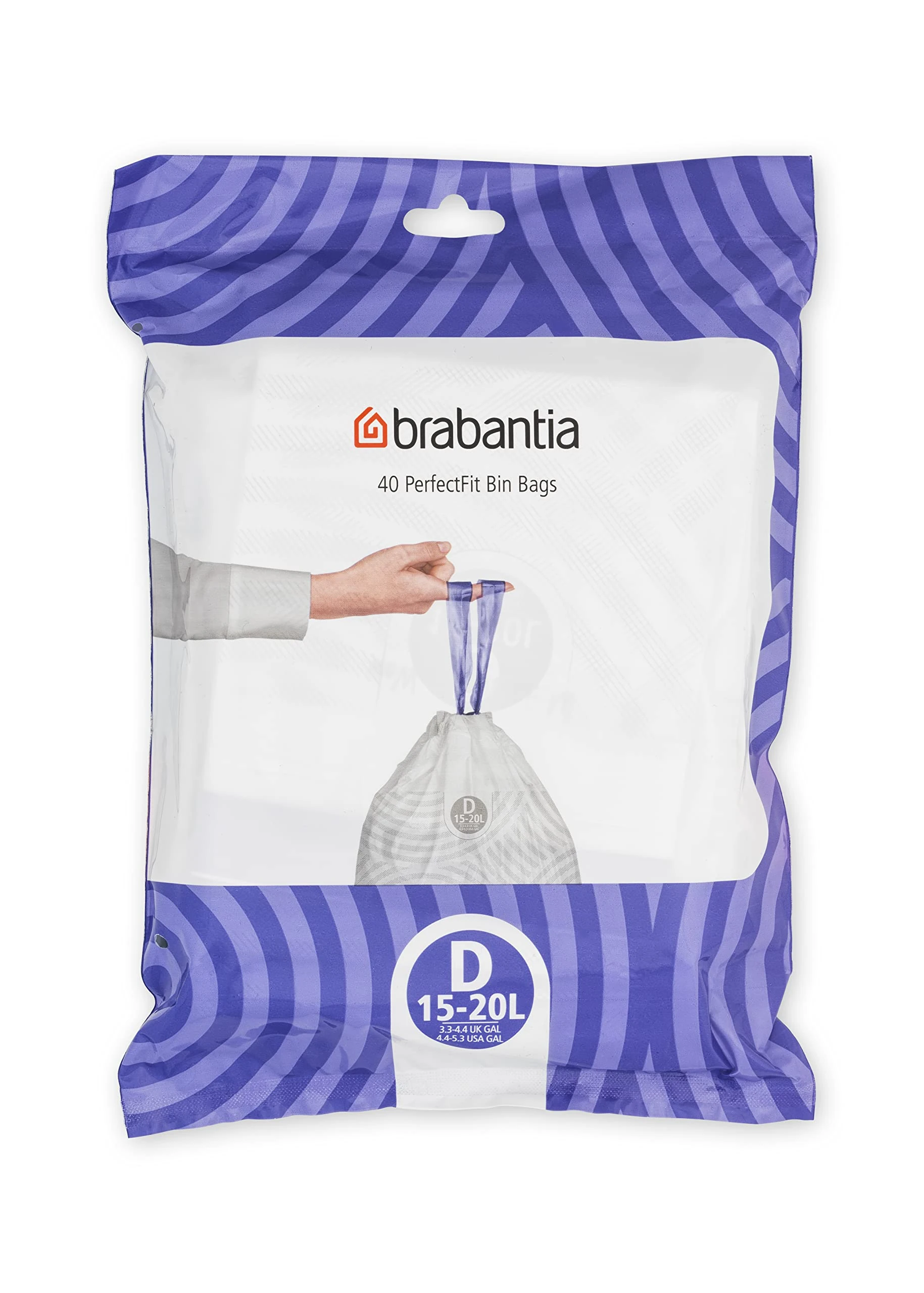 Brabantia PerfectFit Bin Liners (Size D/15-20 Litre) Thick Plastic Trash Bags with Tie Tape Drawstring Handles (40 Bags)