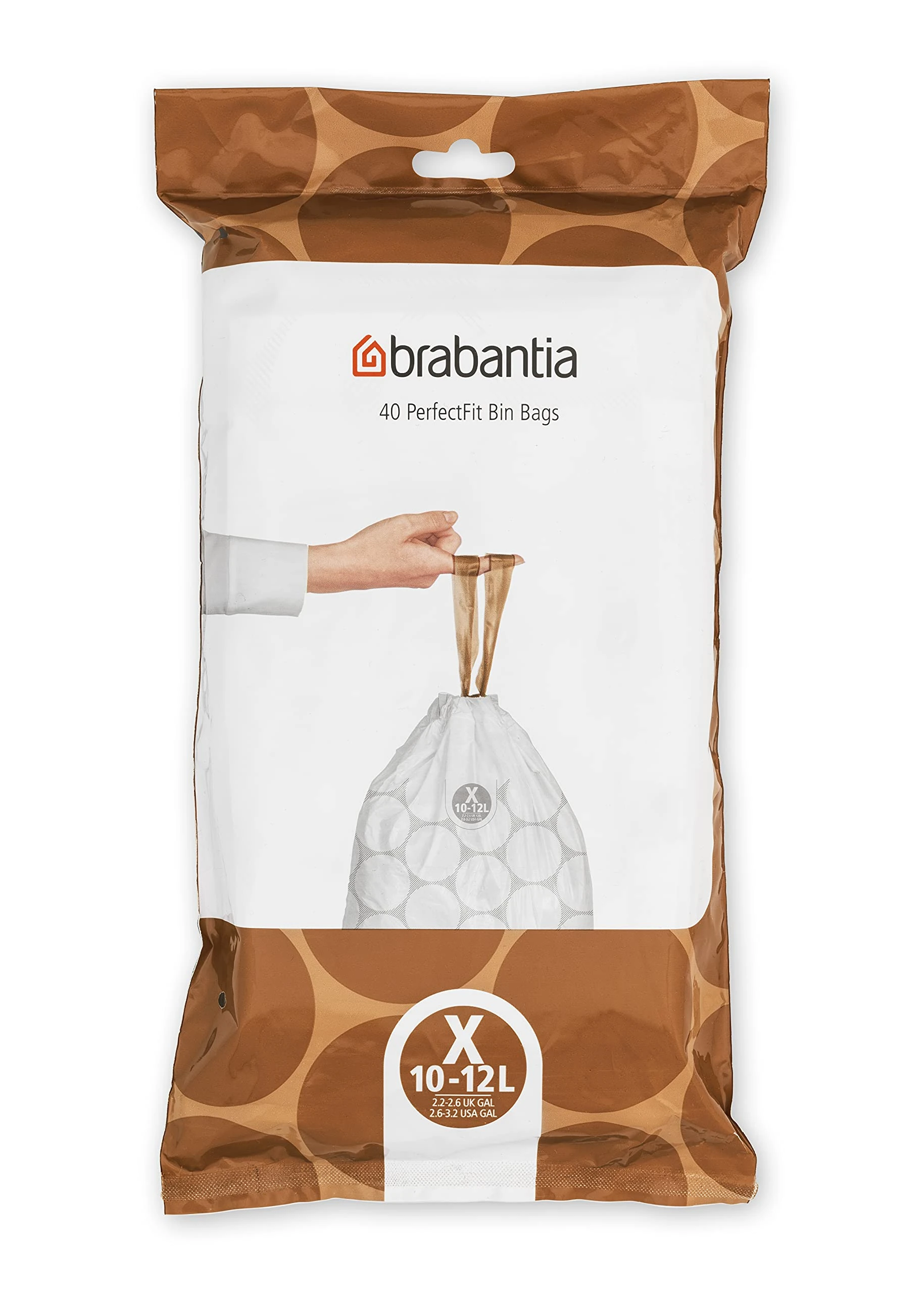 Brabantia 138041 PerfectFit Bin Liners (Size X/10-12 Litre) Thick Plastic Trash Bags with Tie Tape Drawstring Handles (40 Bags), White