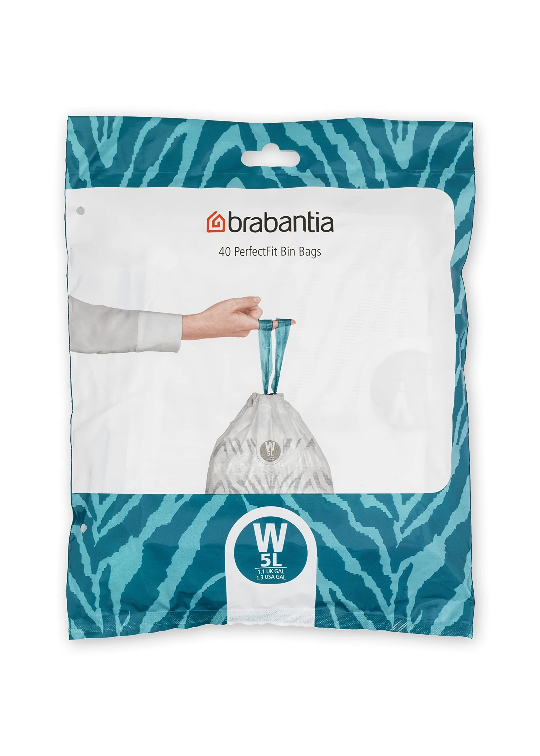 Brabantia 137846 PerfectFit Bin Liners (Size W/5 Litre) Thick Plastic Trash Bags with Tie Tape Drawstring Handles (40 Bags), White