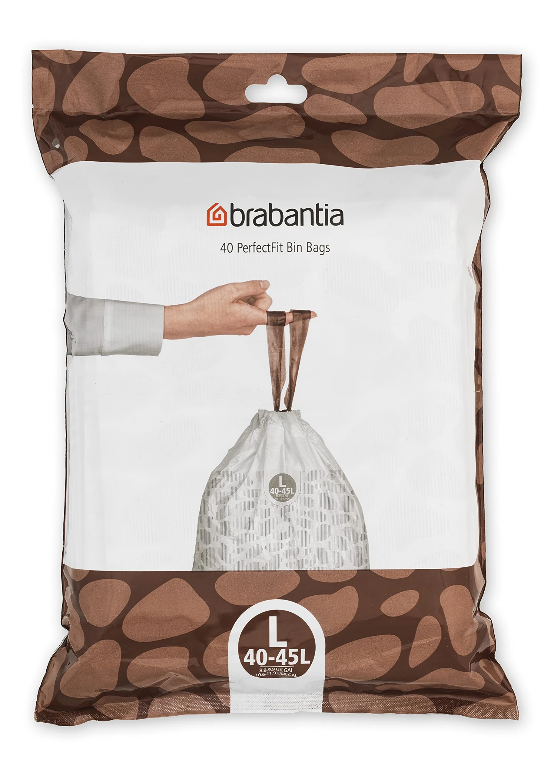 Brabantia 138645 PerfectFit Bin Liners (Size L/40-45 Litre) Thick Plastic Trash Bags with Tie Tape Drawstring Handles (40 Bags), White