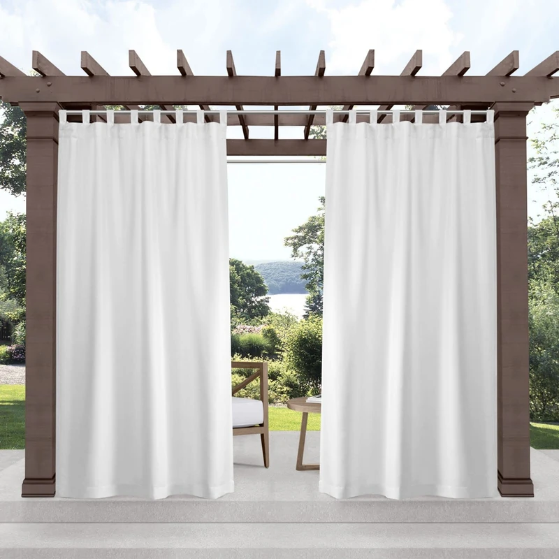 Exclusive Home Cabana Solid Indoor/Outdoor Light Filtering Hook-and-Loop Tab Top Curtain Panel, 54"x144", White, Set of 2