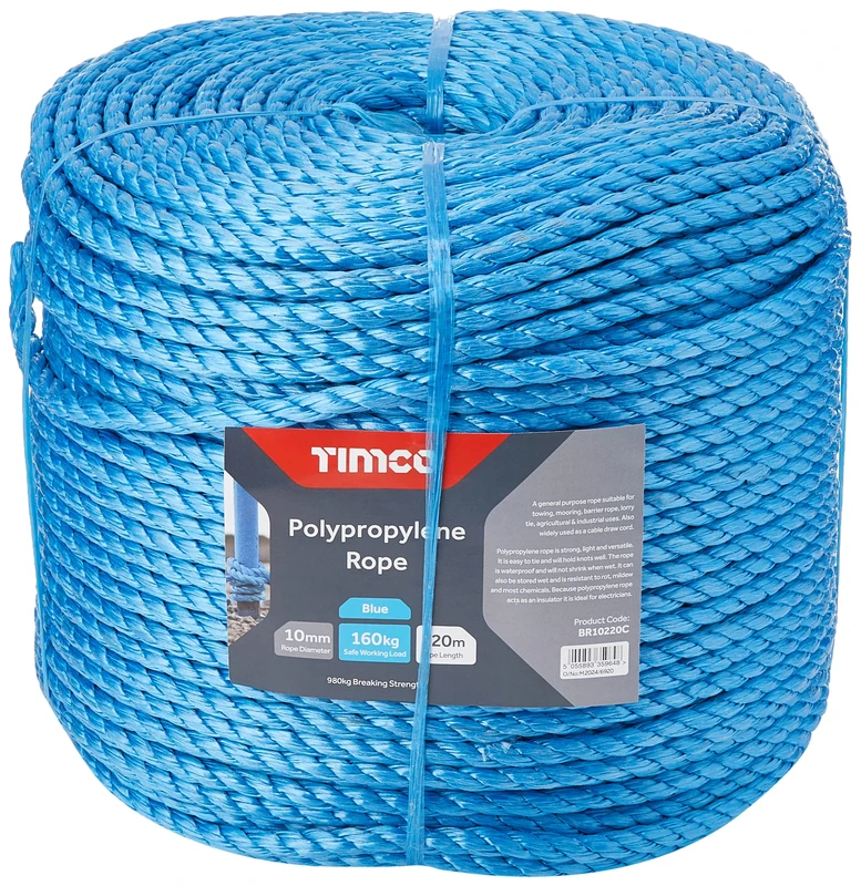 TIMCO Polypropylene Blue Rope – General purpose – Great for towing, mooring, strapping, cable draw cord and as a washing line - 10mm x 220m