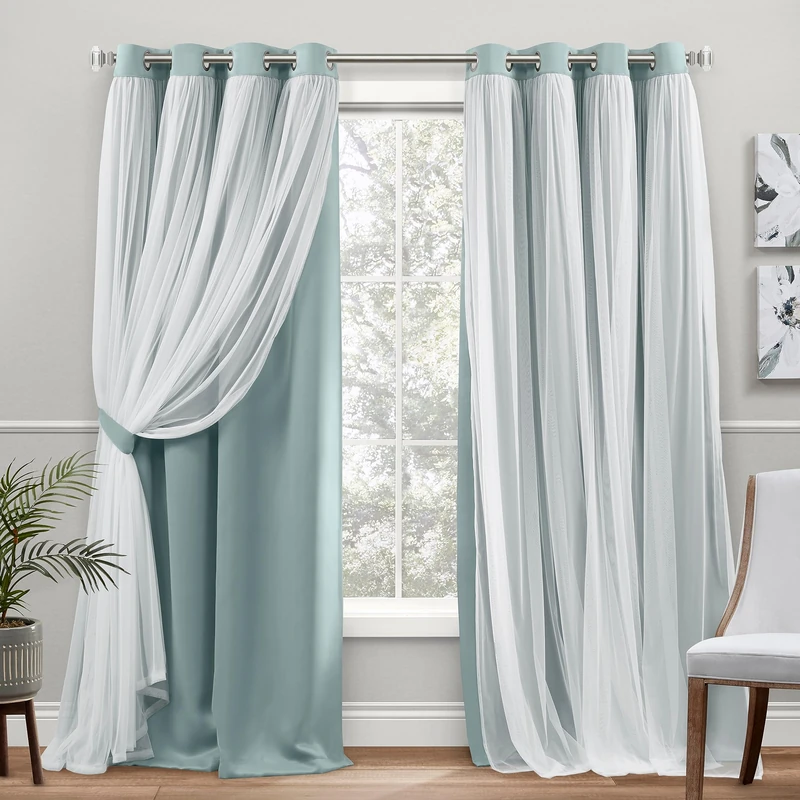 TOWN & COUNTRY LUXE Exclusive Home Catarina Layered Solid Room Darkening Blackout and Sheer Grommet Top Curtain Panel Pair, 52"x84", Seafoam