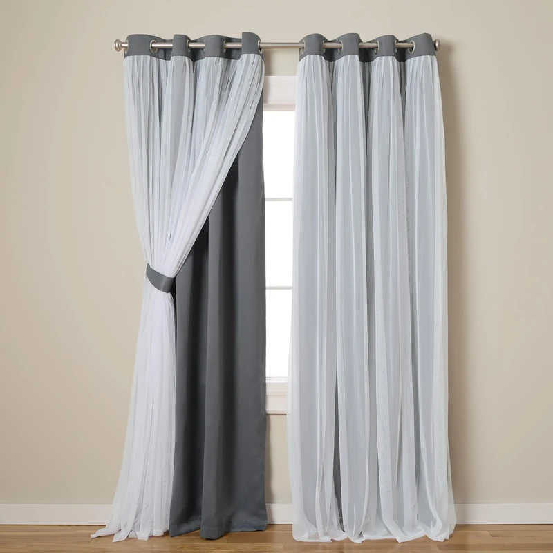 TOWN & COUNTRY LUXE Exclusive Home Catarina Layered Solid Room Darkening Blackout and Sheer Grommet Top Curtain Panel Pair, 52x120, Black Pearl